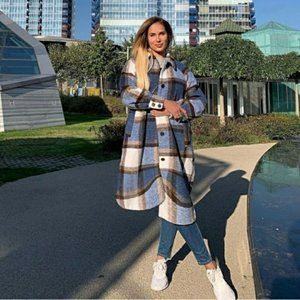 H&M Blue Brown White Button Up Wool Blend Women's Oversized Shacket Coat